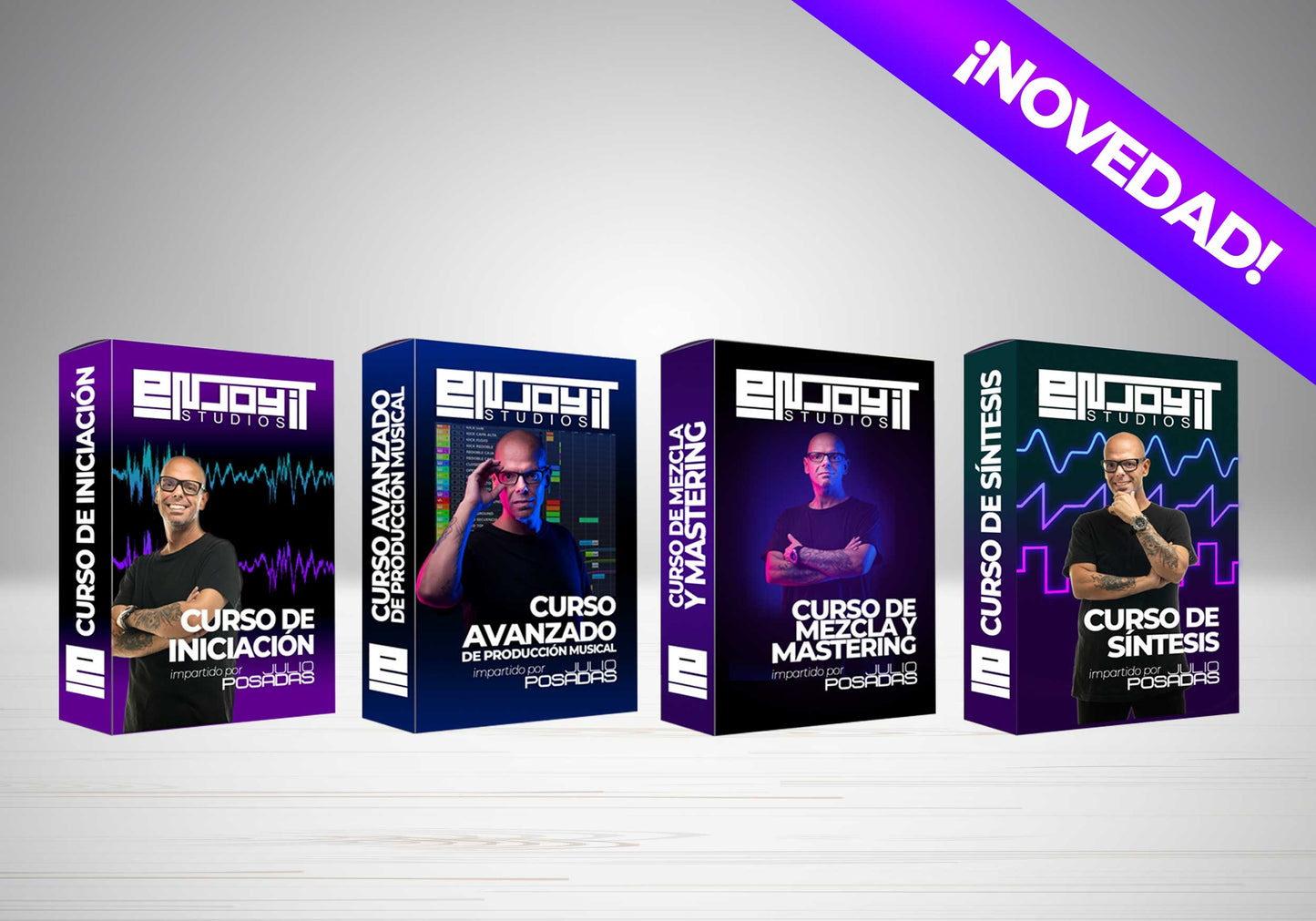 MEGA PACK 4 Cursos por 199€ (Incluye estos cuatro cursos enteros: Curso de Iniciación, Curso Avanzado de Producción Musical, Curso de Mezcla y Mastering, Curso de Síntesis. Todos los cursos impartidos por Julio Posadas, reconocido DJ y productor musical en España y creador del sonido MAKINA.